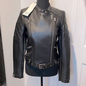NWT zara leather jacket xs - biker, quilted, belt, smooth leather